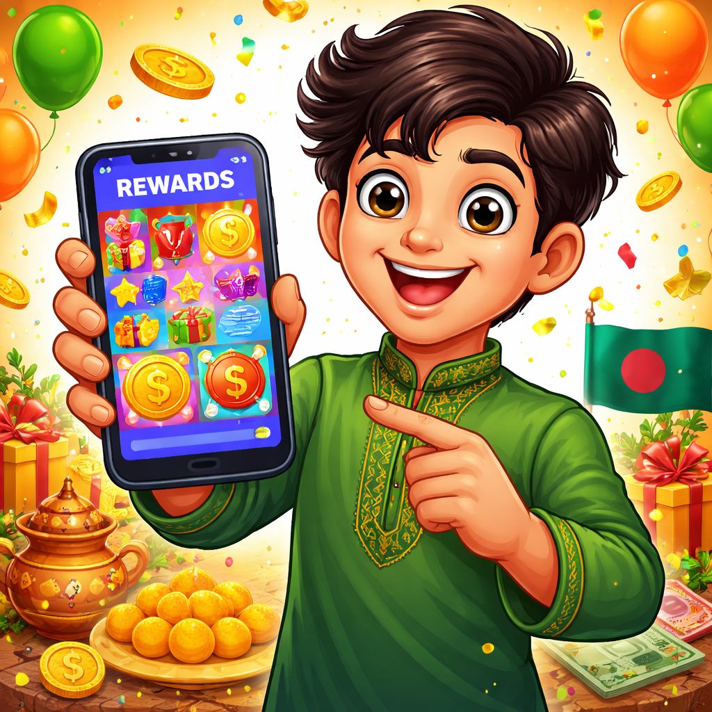 hehe55 themed cartoon character using a smartphone with bright app icons