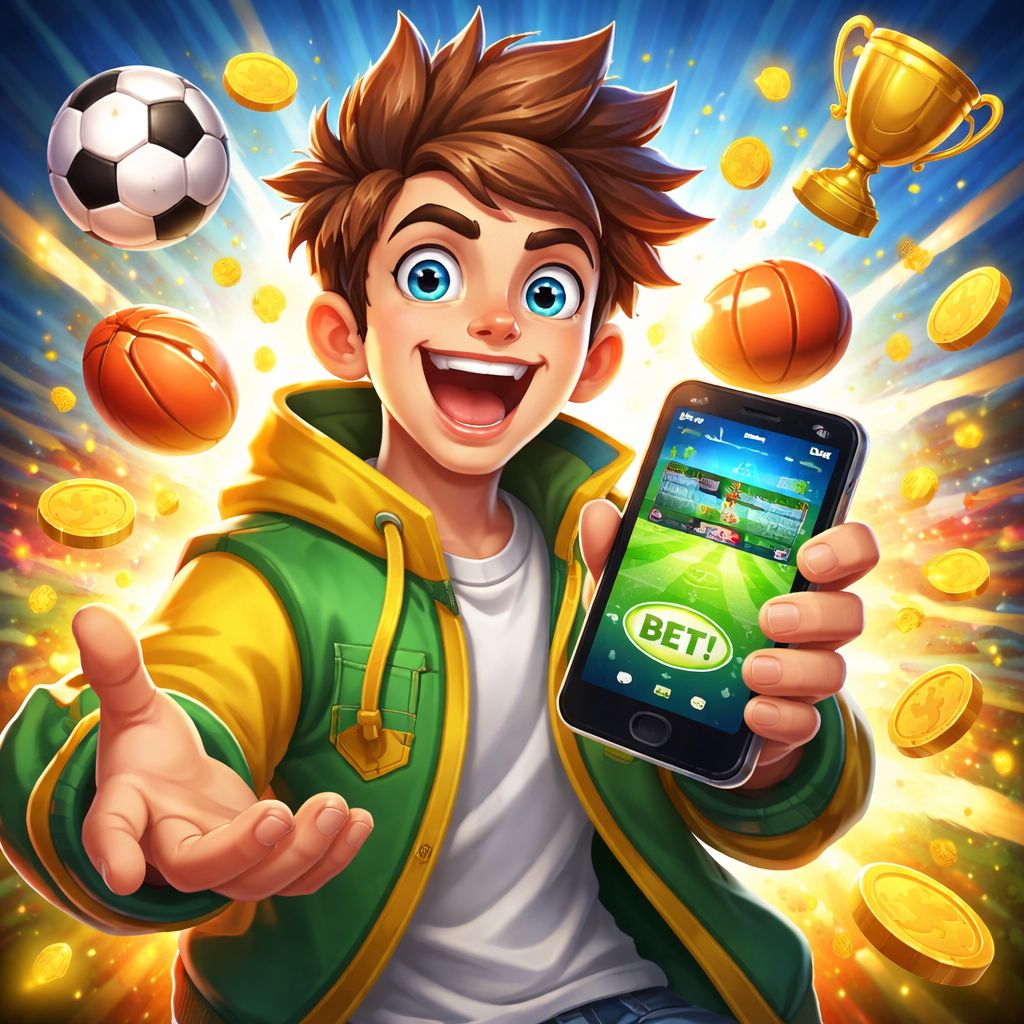 hehe55 Bet cartoon character with betting slips, coins, and a mobile screen