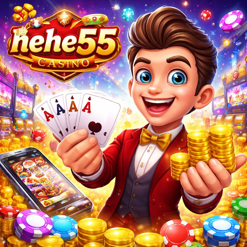 hehe55 Casino themed cartoon character with chips, cards, and coins