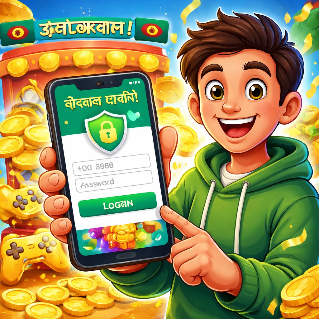Cartoon styled character using a mobile phone to access hehe55 login with bright gaming elements