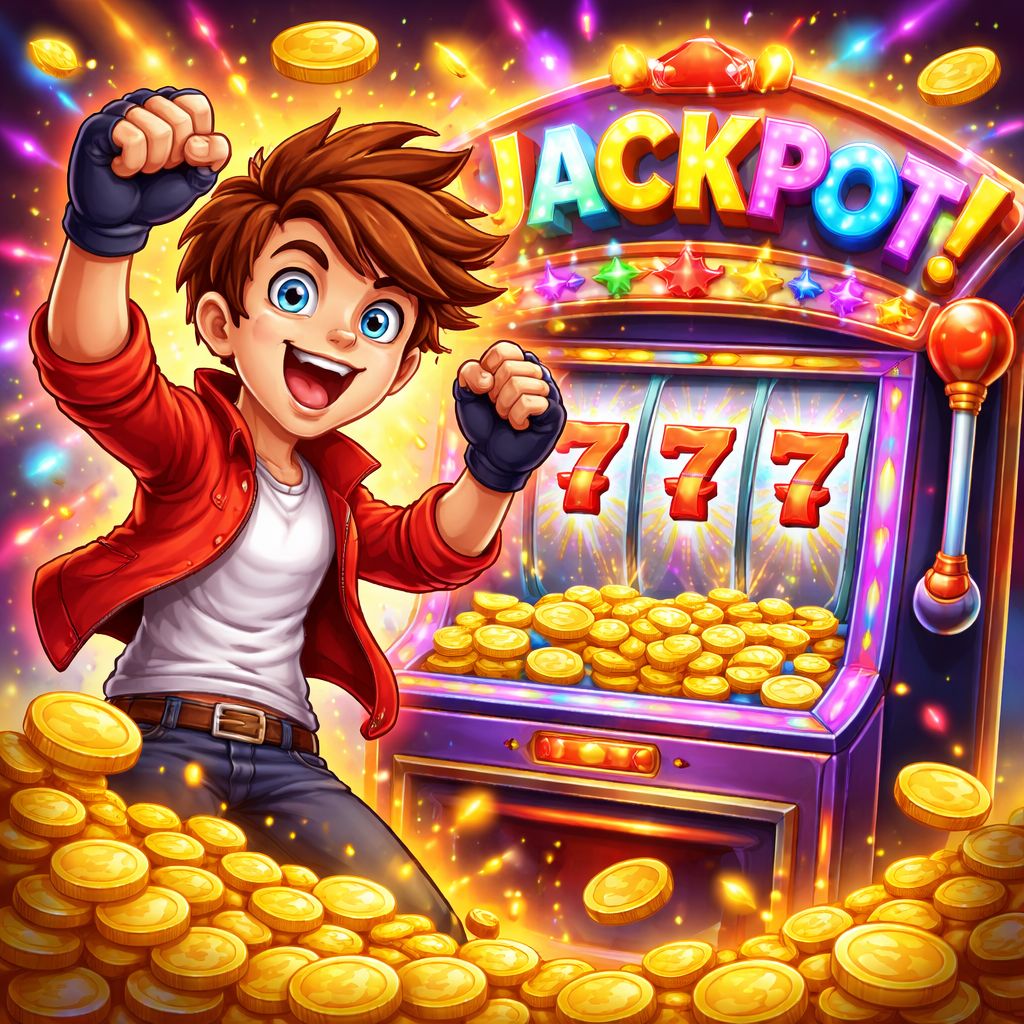 Cartoon slot-themed character with coins, reels, and bright casino lights